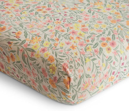 mushie Extra Soft Muslin Fitted MINI Crib Sheet | 24"x 38" (Pastel Blooms)