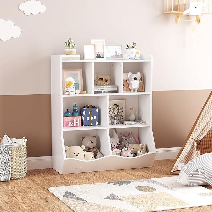 GarveeHome White Toy Storage Cabinet, Three-Tier Kids Bookshelf and Bookcase for Storage Books and Toys, Multi Shelf with Cubby Organizer for Bedroom and Playroom