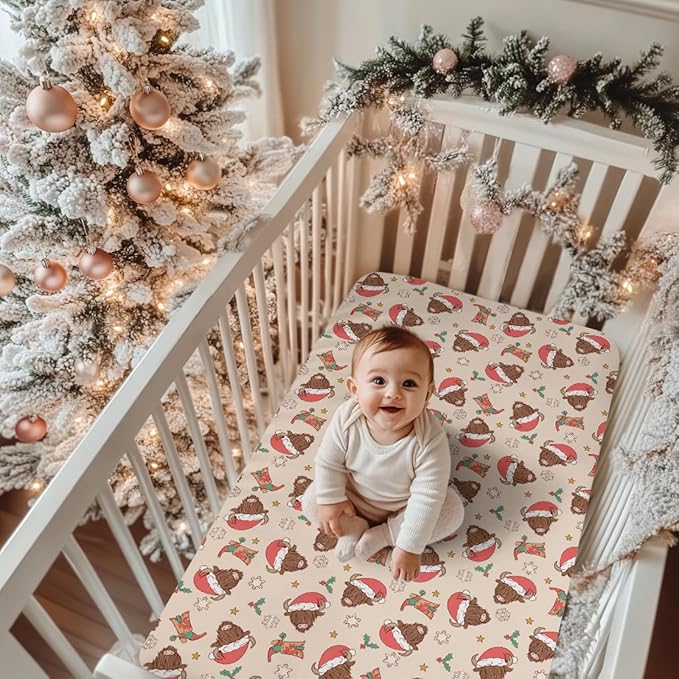 Christmas Highland Cows Baby Crib Sheets for Boy Girl 52x28 Farm Cow Yak Western Boots Snowflakes Soft Fitted Crib Mattress Cover Winter Holiday Baby Sheet for Standard Crib & Toddler Mattress Pad