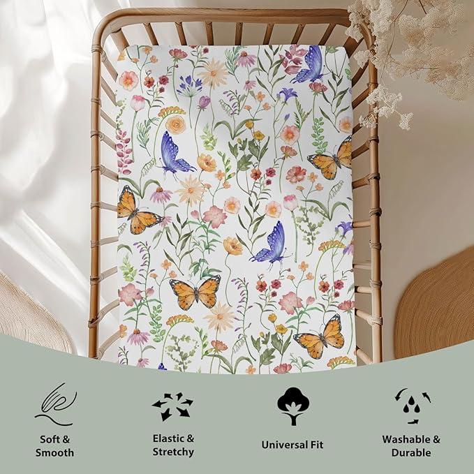 Vintage Wildflowers Butterflies Baby Crib Sheets for Boy Girl 52"x28" Colorful Spring Blossoms Soft Snug Fitted Crib Mattress Cover Wild Plant Baby Sheet for Standard Crib and Toddler Bed Mattress