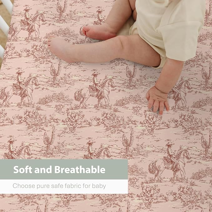 Vintage Pink Cowgirl Cactus Baby Crib Sheets for Boy Girl 52"x28" Western Cowgirl Love Soft Stretchy Fitted Crib Mattress Cover Wild Desert Baby Sheet for Standard Crib & Toddler Mattress Pads