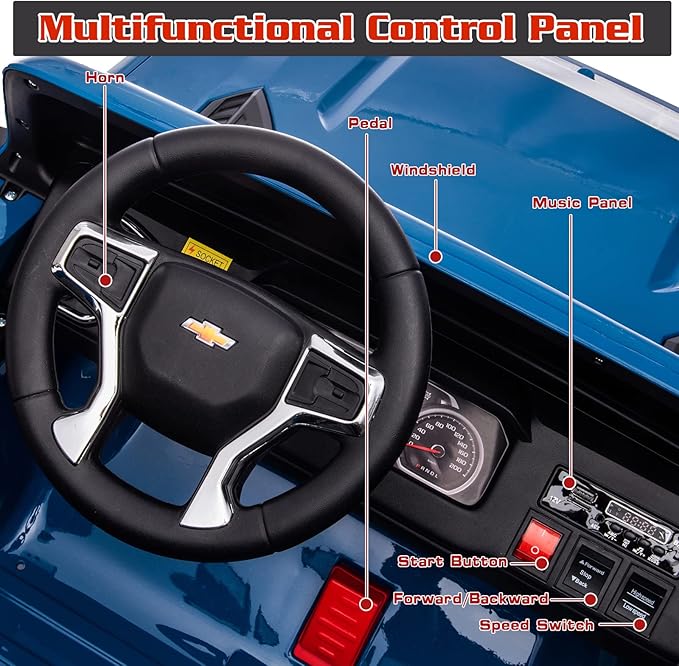 2 Seater 24V Chevrolet Silverado HD Pickup,4WD Electric Vehicle with Parent Remote, Wear-Resistant Tires Ride On Car Electric Power Vehicles Wheels Ride on Toys for Boys,(Blue)