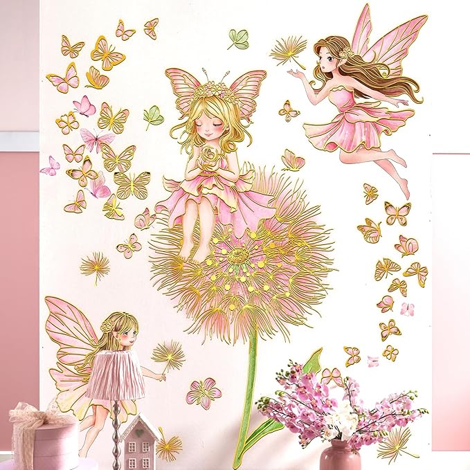 Pink Fairy Flower Wall Decal Large Dandelion Butterflies Wall Decor Peel and Stick Cartoon Style Stickers for Girls Bedroom Baby Nursery Kids Room
