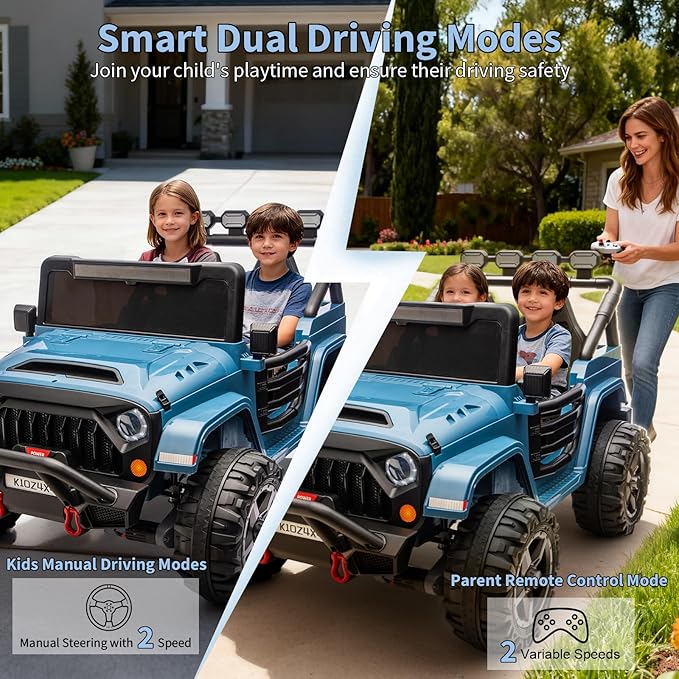 24V Ride on Toys for Big Kids, 2 Seater Ride on Car w/Remote Control, 4x4 Ride-on Truck with 4 Motors, 3 Speeds Adjustable, 4 LED Lights, Bluetooth & Music, Electric Car for Kid Toddler 3-8, Lake Blue