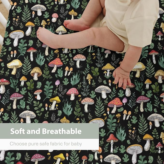 Colorful Mushrooms Green Leaves Baby Crib Sheets for Boy Girl 28"x52" Fall Mushroom Soft Stretchy Fitted Crib Mattress Cover Autumn Baby Sheet for Standard Crib & Toddler Mattress Pad