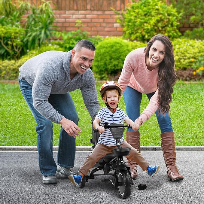 Folding Kids Tricycle, 8 in 1 Baby Trike W/Removable & Adjustable Canopy, Parent Handle, 5-Piont Safety Harness, Toddler Bike Stroller for Kids 1-6 Years, EVA Wheels, Storage Basket, Grey
