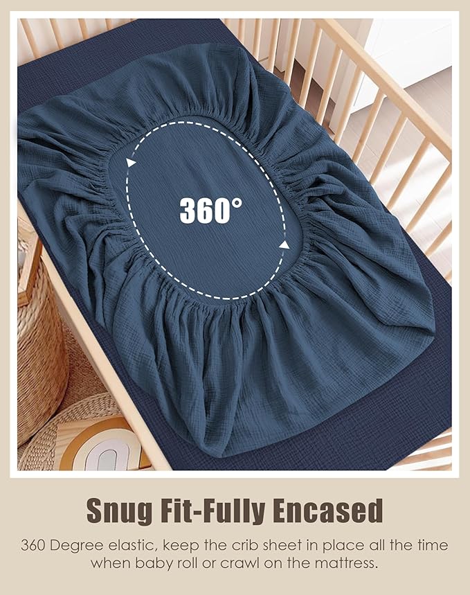 SWEET DOLPHIN 2-Pack Muslin Crib Sheets for Boys & Girls, Ultra Soft Breathable 40S Long-Staple Cotton Fitted Baby Sheets for Standard Crib Mattress 52"x28", Deep Navy- Nursery Essentials