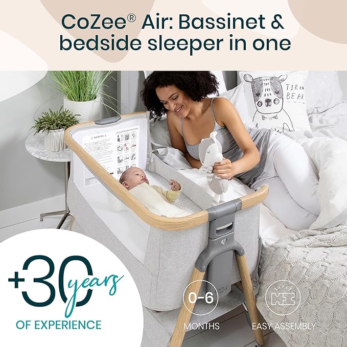 Tutti Bambini CoZee® Air Baby Bassinet & Bedside Sleeper - Rocking Bassinet for Baby, Fast-Folding with Travel Bag, Deluxe Airflow Mattress & 6 Mattress Heights, 0-6 Months (Silver & Oak)