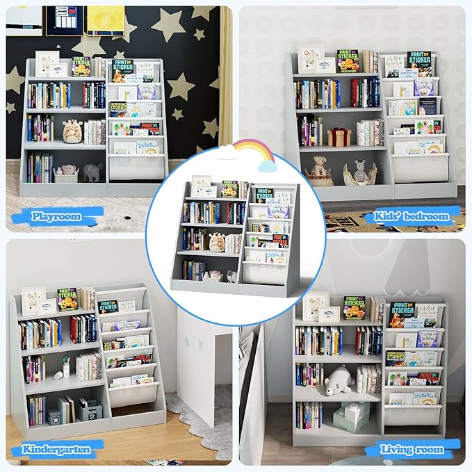 HedoAjim Gray 4 Tier Kids Wooden Bookshelf,Five Layer Sling Toddler Front Facing Bookcase,Baby Kids Storage Book Rack,Book and Toy Organizer Cabinet,Child Book Display Playroom Nursery Bedroom