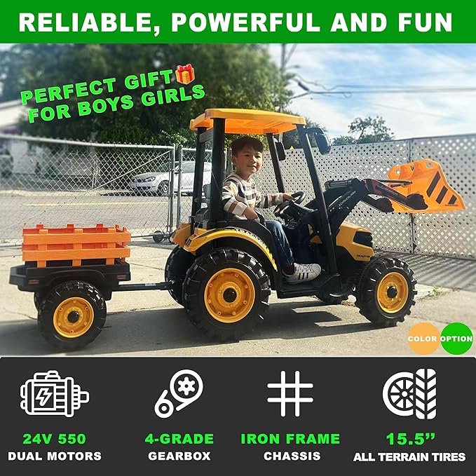 24V Kids Ride On Tractor w/Remote Control, 3IN1 Riding Tractor w/Trailer&Front Loader, Power Wheels 24V Ride on Toys for Boys Girls, Kids Ride on Excavator (Yellow Tractor with Trailer&Front Loader)