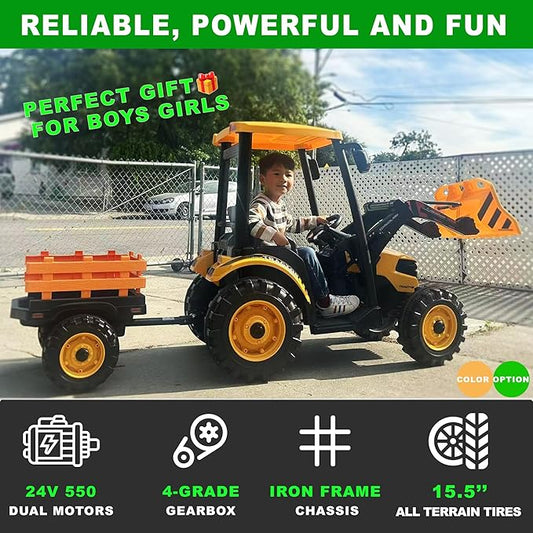 24V Kids Ride On Tractor w/Remote Control, 3IN1 Riding Tractor w/Trailer&Front Loader, Power Wheels 24V Ride on Toys for Boys Girls, Kids Ride on Excavator (Yellow Tractor with Trailer&Front Loader)