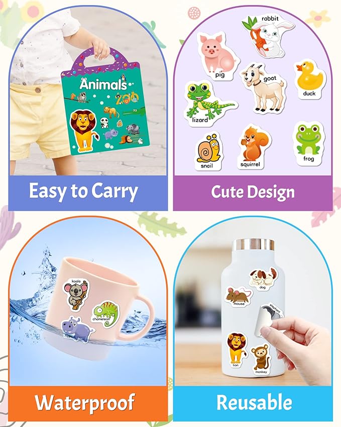 Benresive Reusable Sticker Books for Toddlers, Fun Travel Stickers for Kids, Toddler Sticker Book, Crafts Activities for Toddlers, 3 and Up Birthady Gifts - Animals Zoo