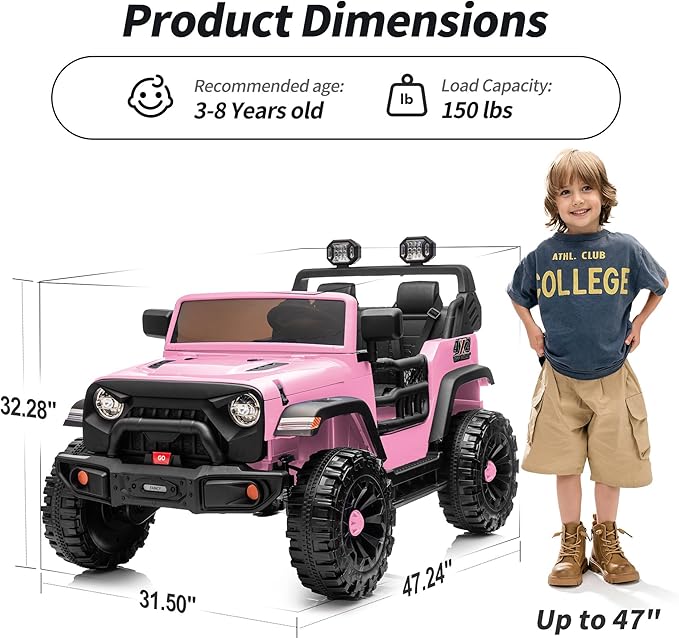 2 Seater Ride on Car Toy, 12V Electric Car for Kids 4-8 with Remote Control, Capacity 150 lb, LED Light - Light Pink