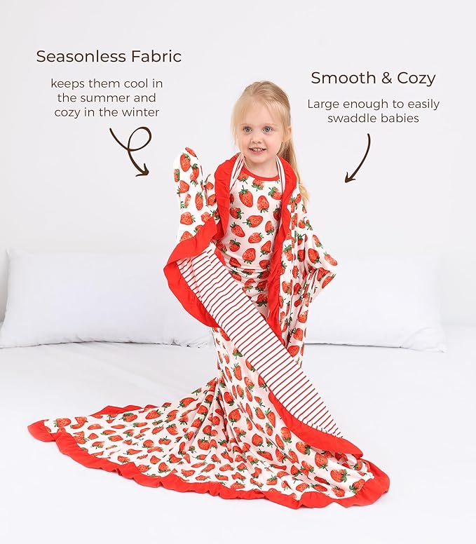 Premium Baby Blankets, Soft Viscose from Bamboo Blanket for Girls, Nursery Crib Bedding Quilt for Newborn and Toddler, Ruffle Blanket Cooling for Hot Sleepers, 50''x50'' Strawberry