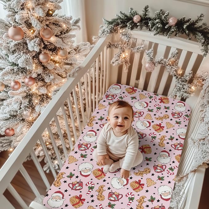 Sweet Christmas Pink Baby Crib Sheets for Boy Girl 52x28 Santa Claus Cherry Fir Candy Soft Snug Fitted Crib Mattress Cover Winter Holiday Festival Baby Sheet for Standard Crib & Toddler Bed Mattress