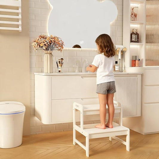 BALANBO Step Stool for Kids Bamboo Toddler Two Steps Stool with Anti-Slip and Handles Stairs 300 lbs Capacity for Bathroom Kitchen Bedroom(White)