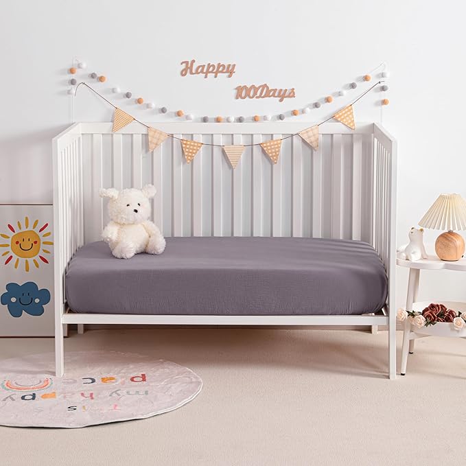NTBAY 2 Pack Muslin Cotton Crib Sheets, Soft and Breathable Double Layer 28x52 Baby Crib Sheets for Standard Crib and Toddler Mattresses, Boys, Girls, Unisex, Greyish Purple, 28x52 Inches