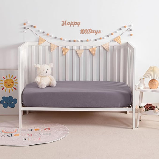 NTBAY 2 Pack Muslin Cotton Crib Sheets, Soft and Breathable Double Layer 28x52 Baby Crib Sheets for Standard Crib and Toddler Mattresses, Boys, Girls, Unisex, Greyish Purple, 28x52 Inches