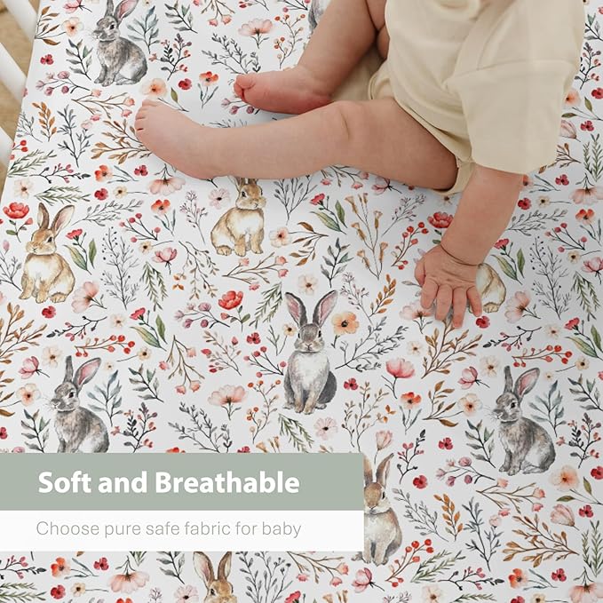 Vintage Rabbit Boho Floral Baby Crib Sheets for Boy Girl 52"x28" Retro Bunny Wild Flowers Soft Stretchy Fitted Crib Mattress Cover Spring Garden Animal Baby Sheet for Standard Crib & Toddler Mattress