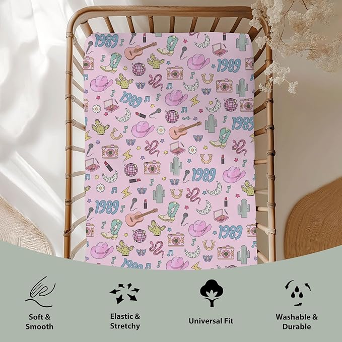 Cute Music Star Era Western Baby Crib Sheets for Boy Girl 52"x28" Desert Country Cactus Moon Soft Stretchy Fitted Crib Mattress Covers 90s Cowgirl Disco Baby Sheet for Crib and Toddler Bed Mattress