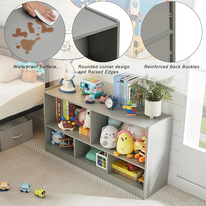 Onirw Kids Toy Storage Organizer, 5-Section Storage Cabinet for Organizing Books Toys, Wooden Bookshelf Daycare Furniture for School, Classroom Playroom, Nursery, Kindergarten (Gray)