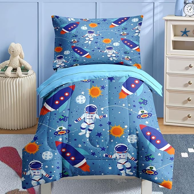 Nesker 4 Pcs Comforter Set Toddler Size, Space Moon Astronaut Bedding for Kids Teen, Cartoon Science Galaxy Bed Sheet with Pillowcase & Sham