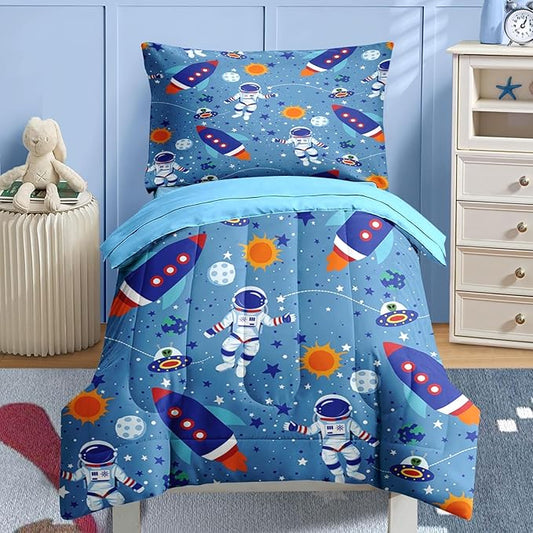 Nesker 4 Pcs Comforter Set Toddler Size, Space Moon Astronaut Bedding for Kids Teen, Cartoon Science Galaxy Bed Sheet with Pillowcase & Sham