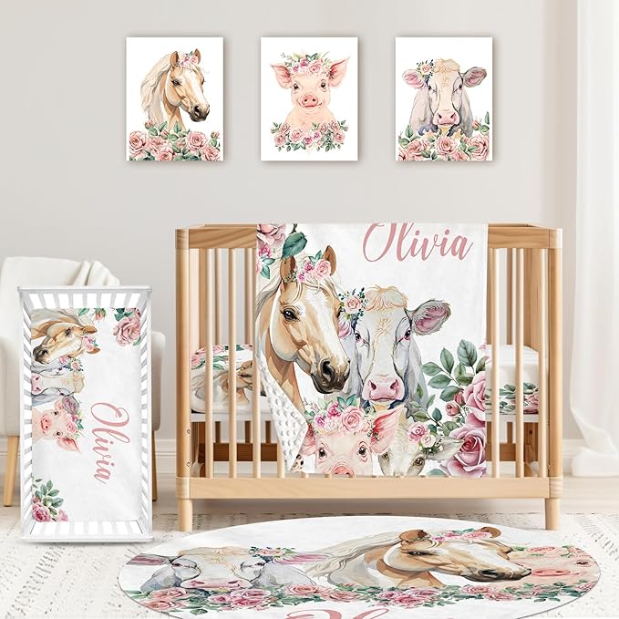 Personalized Baby Crib Bedding Set: 4 Piece Custom Flower Horse Crib Bed Set with Name, Nursery Bedding Set for Baby Girls, Newborn Boys Crib Sets, Crib Bedding Custom Gift, Crib Sheet