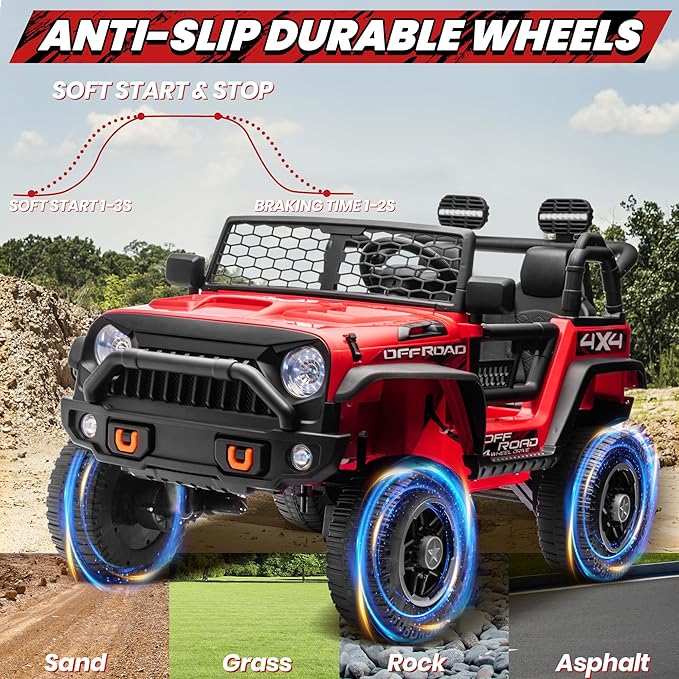 24V XL 2 Seater Ride On Toys Car for Big Kids, 4WD/2WD Switchable Electric Truck w/20'' Wide Seat, Remote Control, 4-Wheeler Suspension, Xmas & Birthday Gift Ideas for Kid Boys Girls, Red