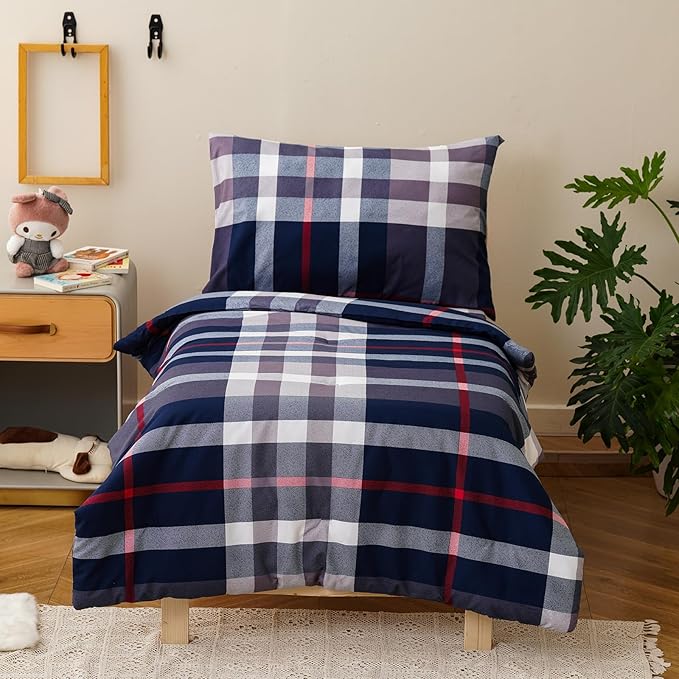 KAREVER Checkered Toddler Bedding Set Navy Blue White Grid 4 Pieces Crib Bed Set Kids Pliad Comforter Set