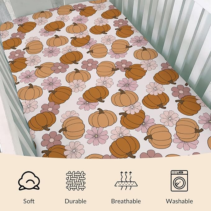 Vintage Pumpkin Boho Floral Baby Crib Sheets Fall Pumpkin Autumn Floral Soft Breathable Baby Sheets Autumn Thanksgiving Harvest Fitted Crib Mattress Cover for Standard Mattress 28x52in