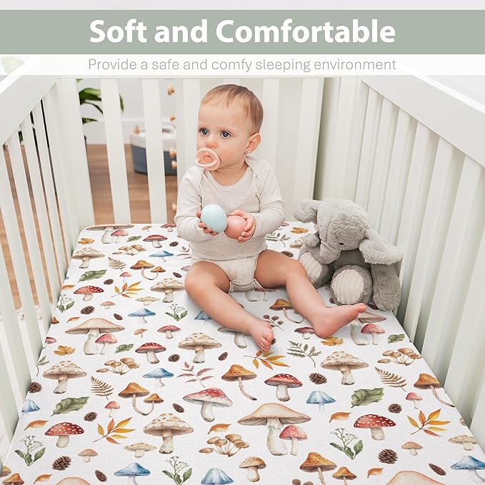 Watercolor Mushrooms Baby Crib Sheets for Boy Girl 52x28Inch Mushrooms Leaves Soft Stretchy Fitted Crib Mattress Cover Autumn Plant Baby Sheet for Standard Crib and Toddler Bed Mattress