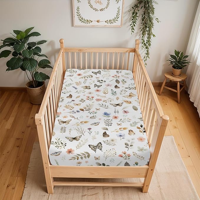Botanic Gardens Baby Crib Sheets for Boy Girl 52"x28" Beige Floral Butterflies Soft Stretchy Fitted Crib Mattress Covers Boho Spring Wildflowers Leaves Baby Sheet for Crib and Toddler Bed Mattresses