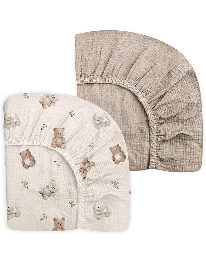 Crib Sheets for Baby Boy Girl 2 Pack, Fitted Crib Mattress Sheet 28" x 52", Muslin Toddler Bedding with Neutral Style, Nursery Bedding Essentials (Teddy & Friends)