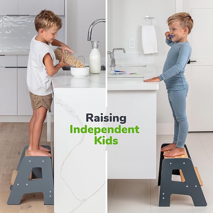 OCODILE 2-Step Wooden Step Stool for Toddlers | Kids Stool for Bathroom Sink & Kitchen Use | Non-Slip Step | Wooden Stool for Children Ages 2+ Years Gray