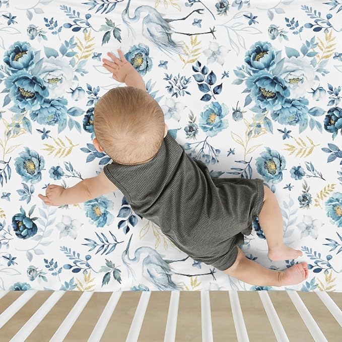 Watercolor Cranes Flowers Baby Crib Sheets for Boy Girl 52"x28" Crane Blue Gold Floral Leaves Soft Stretchy Fitted Crib Mattress Cover Wild Birds Baby Sheet for Standard Crib and Toddler Bed Mattress