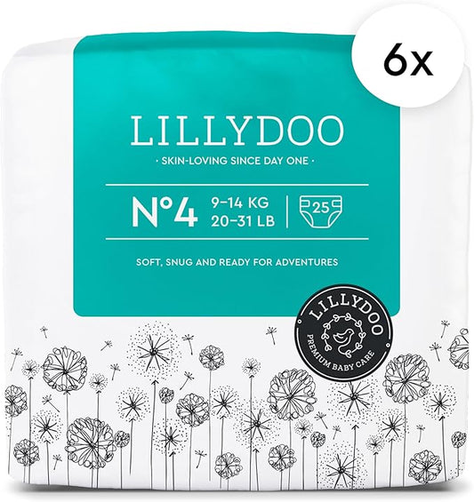 LILLYDOO Baby Diapers - Size 4 (20-31 lbs), Monthly Supply (150 Count), Leak Protection, Skin-Friendly, Ultrasoft, Perfume- & Chlorine-Free, Hypoallergenic, Dermatologist Tested, Oeko-TEX®
