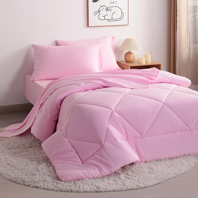 FLXXIE 5 Pieces Toddler Bedding Set, Soft and Breathable Microfiber Crib Sheet Set, Includes Quilted Comforter, Flat Top Sheet, Fitted Sheet, Envelope Pillow Case for Boys and Girls, Pink