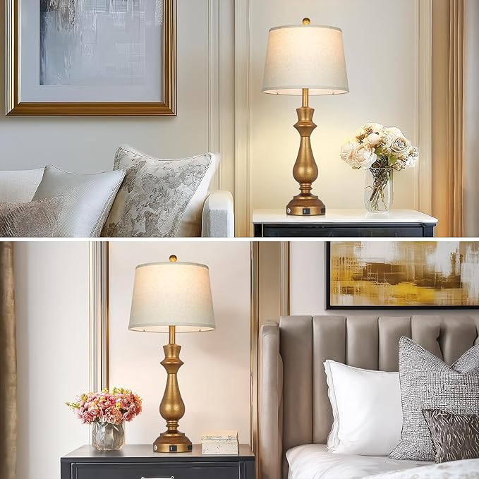 luxeflow Retro Gold Table Lamps Set of 2 for Living Room,30" Tall Bedside Lamp with USB Charging Port,3-Way Dimmable Touch Nightstand Lamp for Bedroom Desk Side Table Office,Copper Gold