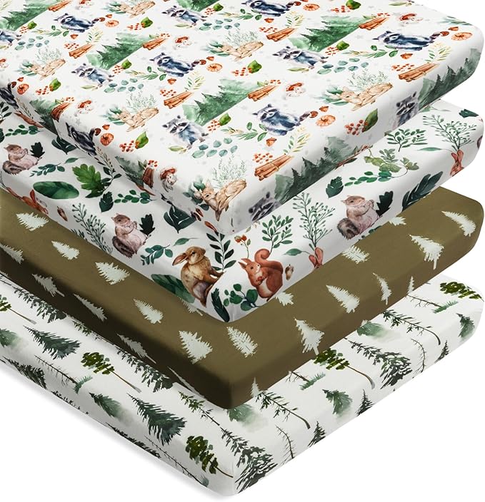 4 Pack N Play Sheets Woodland Forest Animals Wood Neutral Unisex Fitted Baby N Play Sheets Fitted for Standard Pack and Plays and Mini Cribs Set for Baby Boys or Girls (Raccoon)