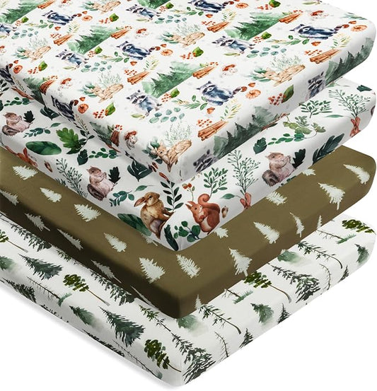 4 Pack N Play Sheets Woodland Forest Animals Wood Neutral Unisex Fitted Baby N Play Sheets Fitted for Standard Pack and Plays and Mini Cribs Set for Baby Boys or Girls (Raccoon)