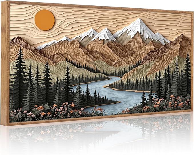 CHDITB Mountain Framed Wall Art, Long Horizontal Mountains Wall Decor, Sun Lake Pine Trees Nature Wall Painting, Modern Rustic Farmhouse Landscape Art Prints for Bedroom Office Decoration 20"x40"