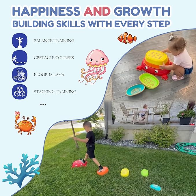 makarci Crab Stepping Stones for Kids,5pcs Double Anti-Slip Balance Sensory Stepping Stones Promoting Toddlers’ Sensory and Coordination Development，Indoor and Outdoor Play for Kids 3-8