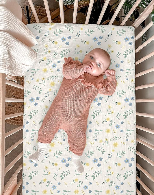 Mini Crib Sheets for Baby Boy Girl 2 Pack, Neutral Mini Crib Mattress Sheet 24" x 38", Muslin Nursery Bedding Soft and Breathable Comfort (Spring Garden & Sage)