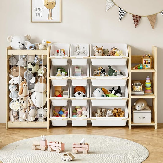EXPERLAM 3-in-1 Toy Storage Organizer, Stuffed Animal Holder & 3-Tier Bookcase, Solid Wood Toy Organizer with 12 Storage Bins, Space-Saving Toy & Book Shelf for Kids Rooms, Bedroom, Playroom, White