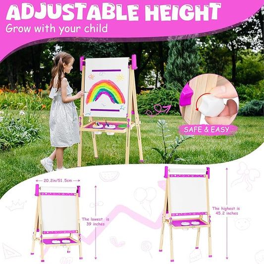 Easel for Kids Toys,Toddler Art Easel with Art Supplies, Height Adjustable Double-Sided Magnetic Dry Eraser Whiteboard and Chalk Board with Paper Roll,4 5 6 7 8 9 10 Year Old Girl Birthday Gifts