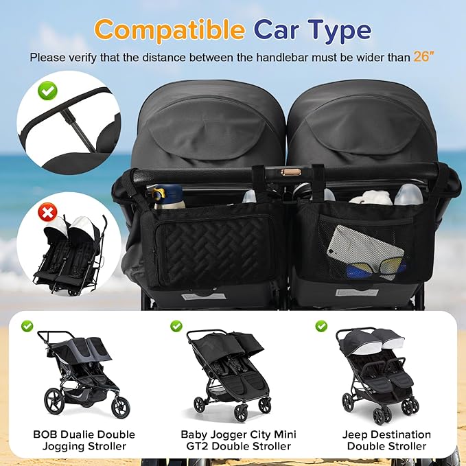PHOEBUS BABY Double Stroller Caddy Organizer with 2 Insulated Cup Holder, Parent Console Fits for BOB Duallie, Jeep, Baby Jogger City Mini GT2 and UPPAbaby, Double Jogging Stroller Accessories