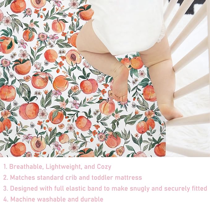 Peach Baby Crib Sheet 52''x28'' Vintage Peach Fruit Floral Leaves Stretchy Fitted Crib Mattress Covers for Boy Girl Summer Soft Baby Nursery Bed Sheets for Standard Crib and Toddler Mattresses