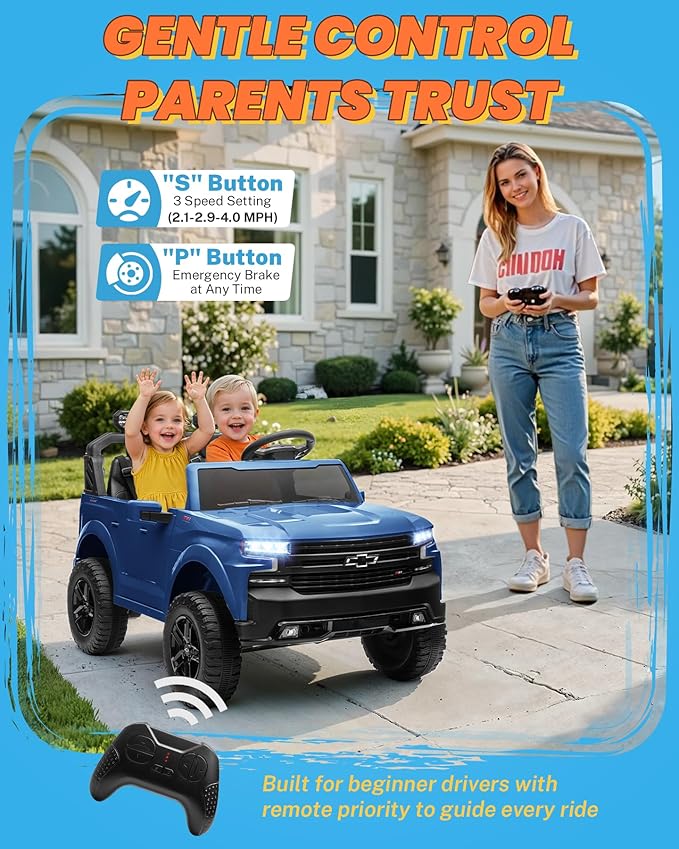 ENYOPRO 24V 2 Seater Ride on Car for Kids, Licensed Chevy Silverado LT Trail Boss Battery Powered Electric Car for Toddlers w/Remote Control, Metal Suspension, Soft Start, Bluetooth, LED Lights (Blue)