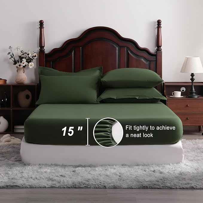 NTBAY King Comforter Set with Sheets, 7 Pieces Soft and Breathable King Bedding Set, Bed in a Bag, Down Alternative Comforter Set Solid Color All Season, King Bedding Set, Olive Green